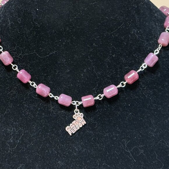 Genuine Magenta Chalcedony Short Necklace, Gemstone & Cat Person Paw Print Charm - Picture 3 of 14